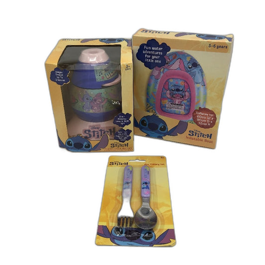 Disney Stitch Night Light, Inflatable Boat and Cutlery Set 3 Pack Bundle NEW