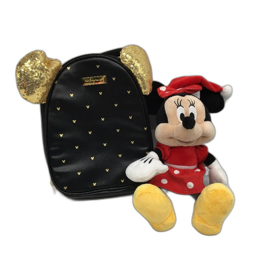 Disney Minnie Mouse Plush Toy and Black Sequined Insulated Lunch Bag Bundle NEW