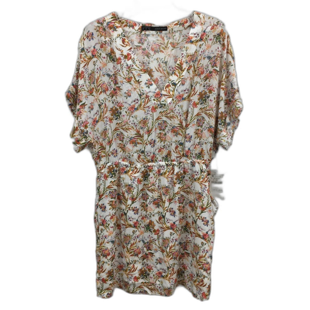 Zara Basic Boho Floral White Shortsleeve V Neck Blouse Ladies Size Medium NEW