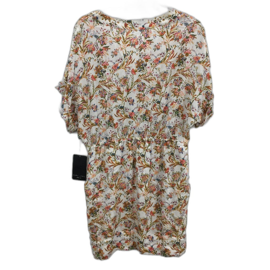 Zara Basic Boho Floral White Shortsleeve V Neck Blouse Ladies Size Medium NEW