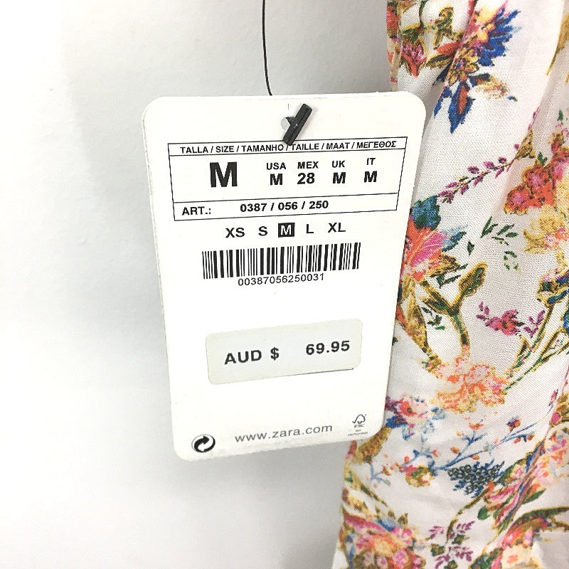 Zara Basic Boho Floral White Shortsleeve V Neck Blouse Ladies Size Medium NEW