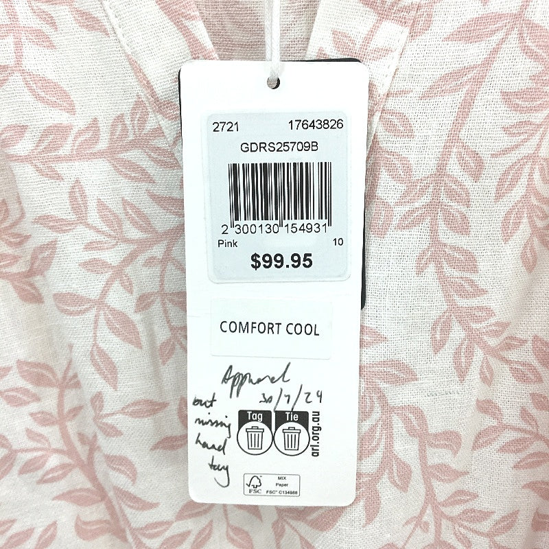 Grab Denim Pink Petal Foliage Linen Blend Tiered Midi Dress Ladies Size 10 NEW