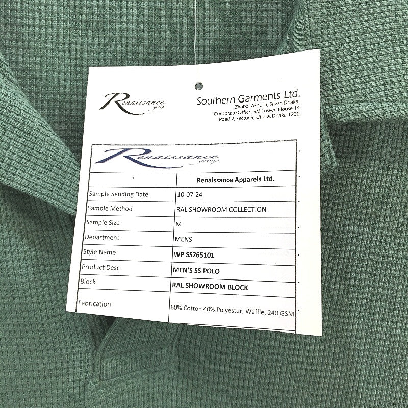 Renaissance Apparel Cotton Blend Pine Green Waffle Polo TShirt Mens Size M NEW