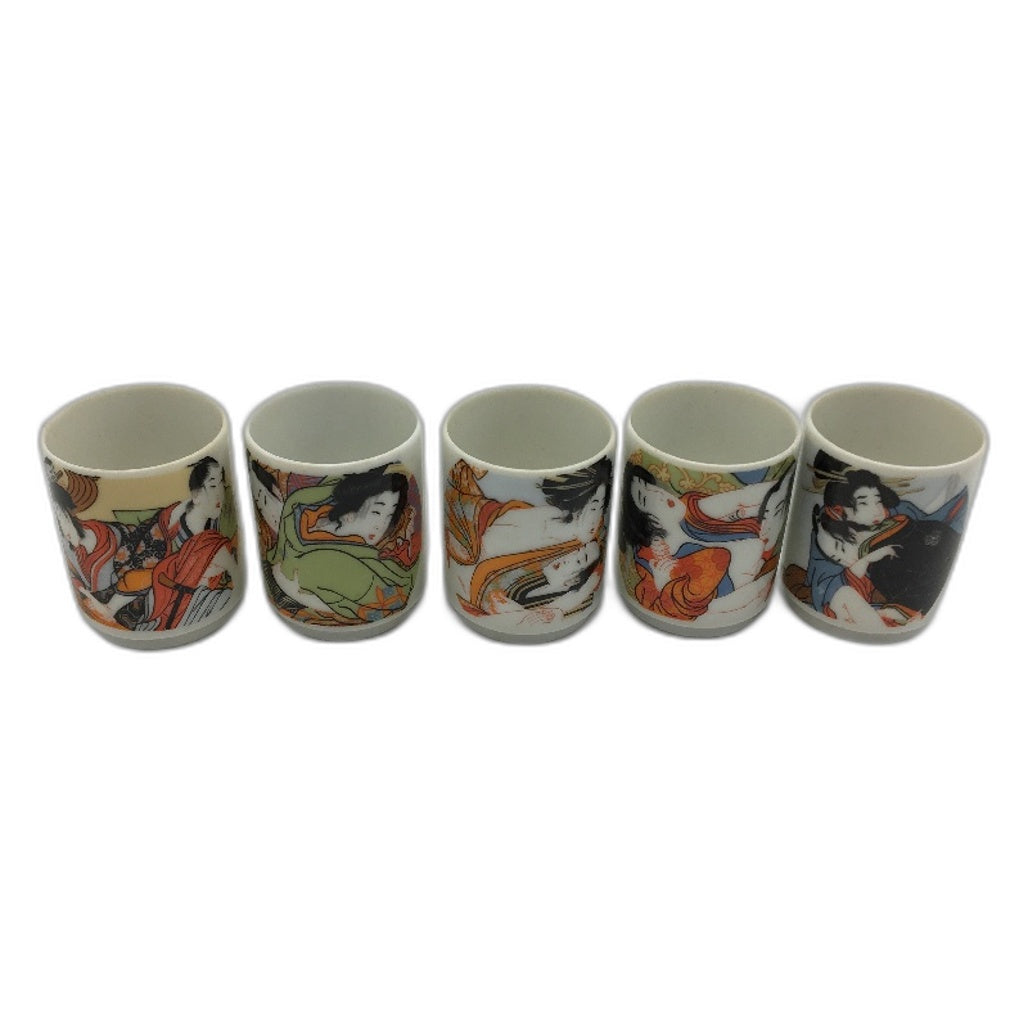 VINTAGE Set of 6 Japanese Shunga Sake Shot Cups Karma Sutra Printed