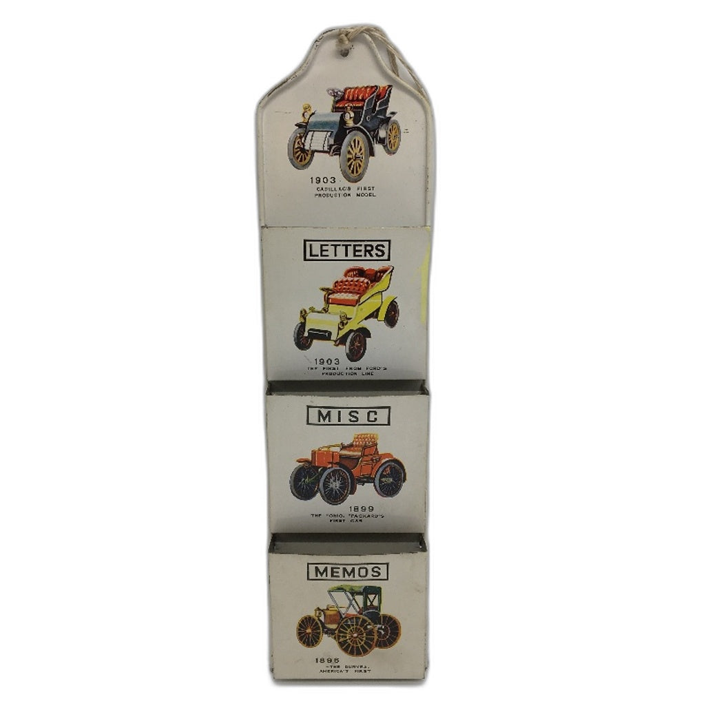 VINTAGE Metal Wall Hanging Letters & Memos Organiser With Antique Cars Motifs