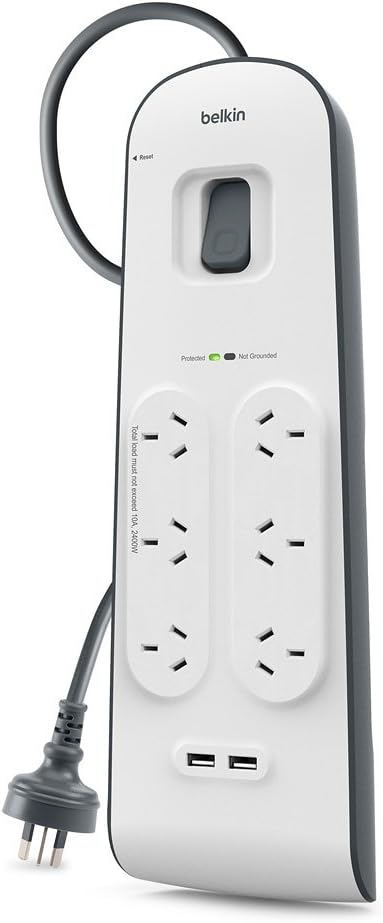 Belkin 12W 2.4A 6 Outlet 2 USB Ports Surge Protector Power Strip Board 2M Cable