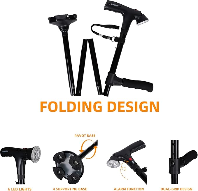 Folding Twin Grip Cane With LED Light Double Cushioned Handle Walking Stick NEW