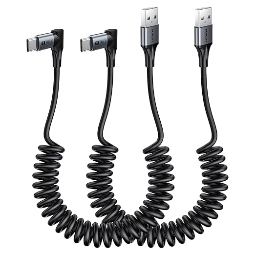 SUNGUY 2 Pack Right Angle Coiled USB To USB-C Type-C Cable 1.5M Carplay Cord NEW