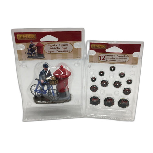 LEMAX Christmas Village Bundle #02753 The Postman & #34957 12 Wreaths Set NEW