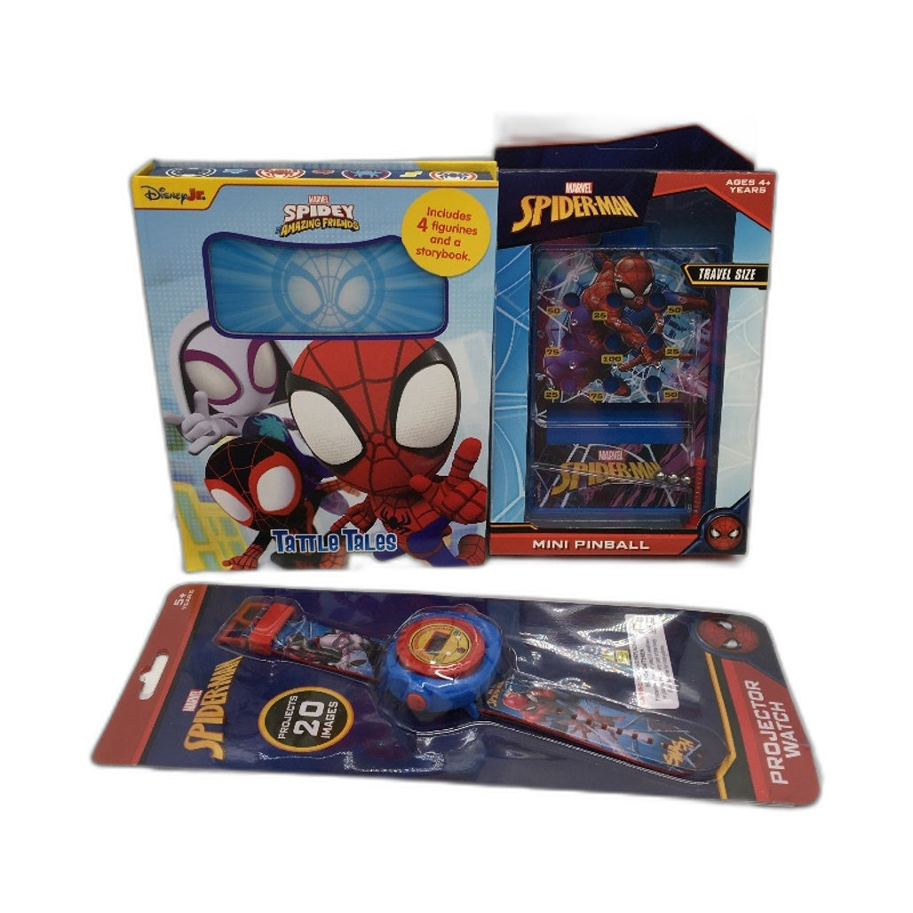 Marvel Spiderman Toy Bundle Projector Watch Mini Pinball & Figurine Book NEW