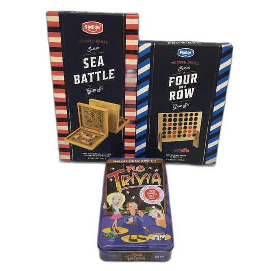 Board Game 3PCS Bundle Wooden Connect 4 Sea Battle & Pub Trivia Party Games NEW