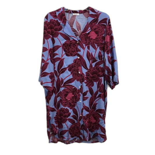 Soho Burgundy Chrsysanthemum Print Button Shirt Blue Nightie Ladies Size Small