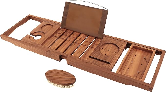 VaeFae Expandable Wooden Teak Bathtub Caddy Tray incl Body Brush NEW