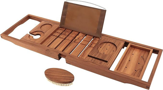 VaeFae Expandable Wooden Teak Bathtub Caddy Tray incl Body Brush NEW