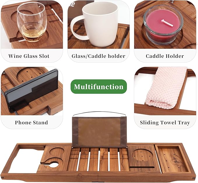 VaeFae Expandable Wooden Teak Bathtub Caddy Tray incl Body Brush NEW