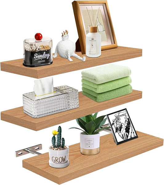 3 Pack Simple Khaki Brown Wood Floating Book Shelves 39.5x14.5x2.5cm NEW