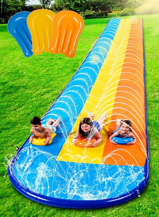 Sloosh 22.5 Feet Triple Backyard Water Slide with 3 Inflatable Body Boards DEMO