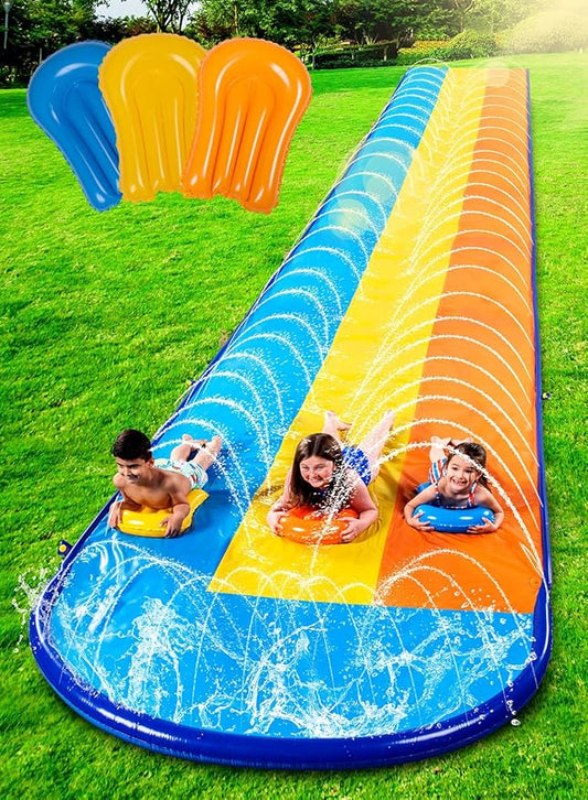 Sloosh 22.5 Feet Triple Backyard Water Slide with 3 Inflatable Body Boards DEMO