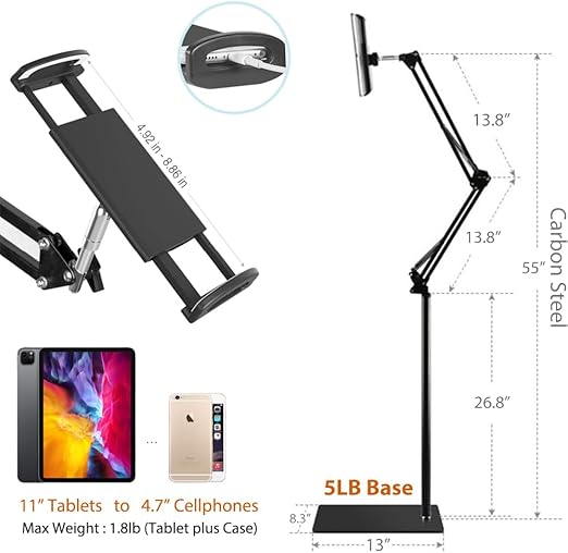 Overhead Bed Adjustable Floor Stand 4.7-11 Inch Compatible Devices NEW