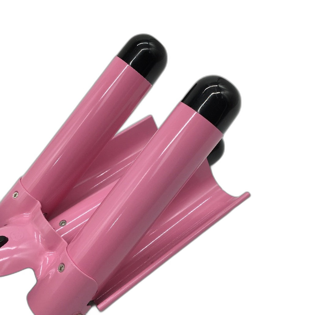 180-210C 3 Barrel 25mm Pink Corded Beach Wave Hair Crimper Curling Tool NEW