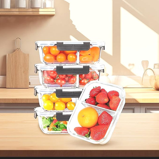 ZUNI 5 Piece 1040ml 35oz Rectangle Clear Glass Container with Divider NEW