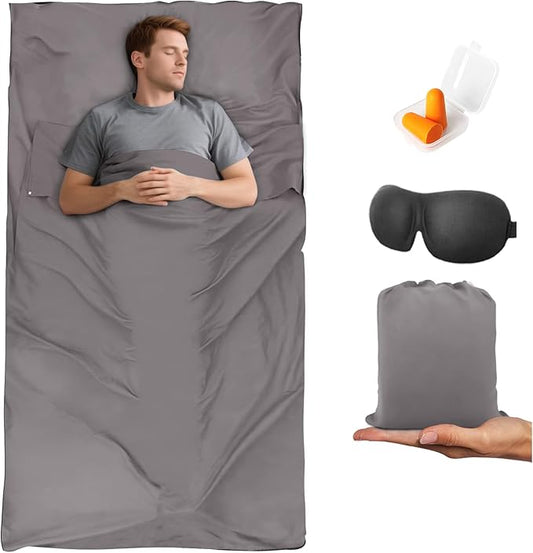 Breenhill Grey Sleeping Bag Liner with Earplugs and Sleep Mask Single Size NEW