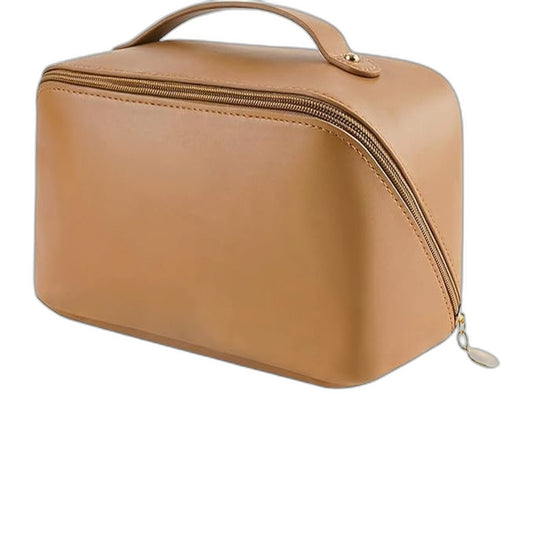 Large Capacity Waterproof PU Leather Cosmetic Makeup Bag Wash Pouch Brown NEW