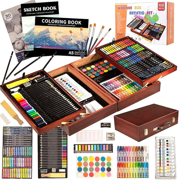 Wooden Box 168PCS Artistic Art Crafts Drawing Painting Colouring Gift Set NEW