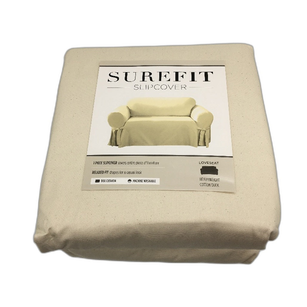 SUREFIT Heavyweight Cotton Duck Loveseat Box Cushion Slipcover Relaxed Fit NEW