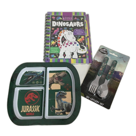 Kids Dinosaur Set 3PC Bundle Jurassic World Cutlery Plate & Scratch Art Book NEW