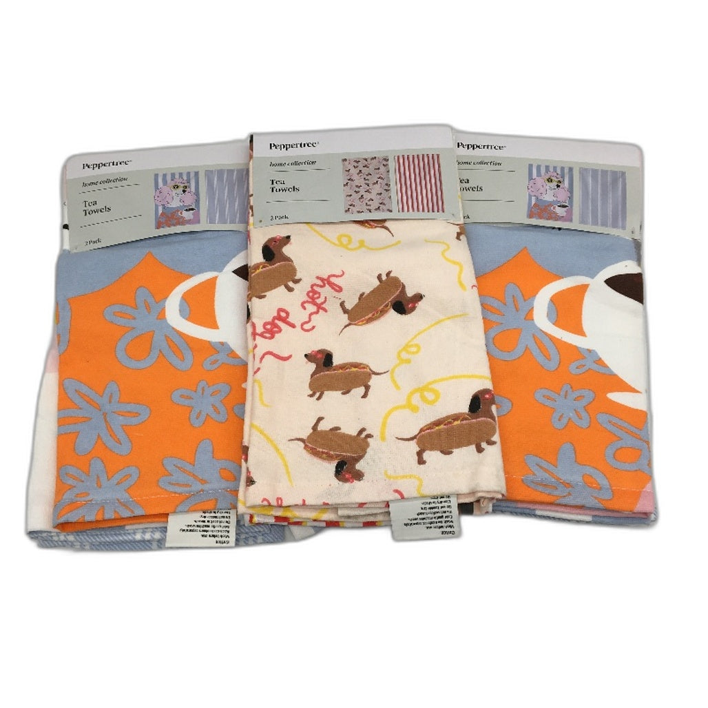 Peppertree 100% Cotton Mutlicoloured Dog Themed 3 x 2 Tea Towel Pack NEW