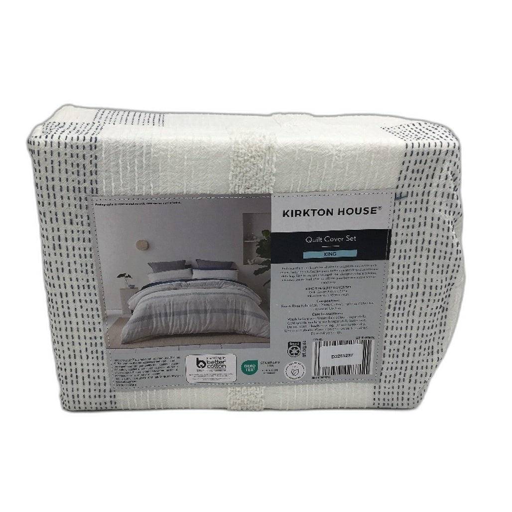 Kirkton House White & Navy Textured Yarn & Cotton Quilt Cover Set KING Size NEW