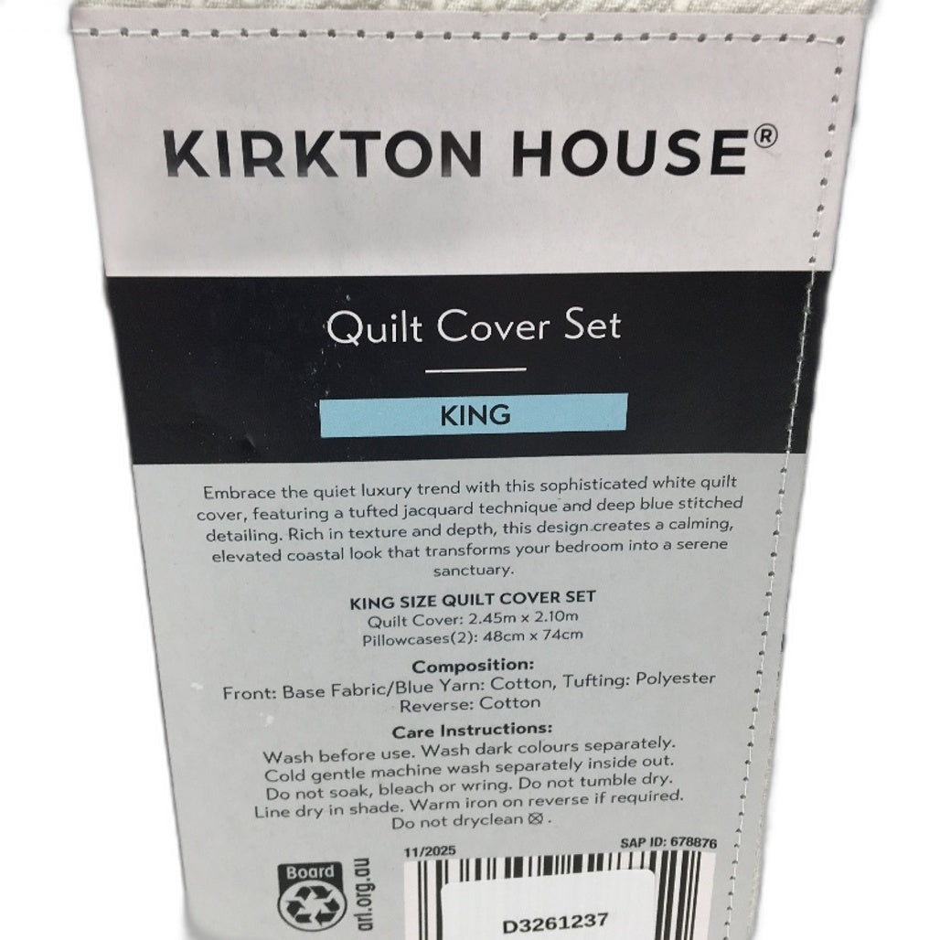 Kirkton House White & Navy Textured Yarn & Cotton Quilt Cover Set KING Size NEW