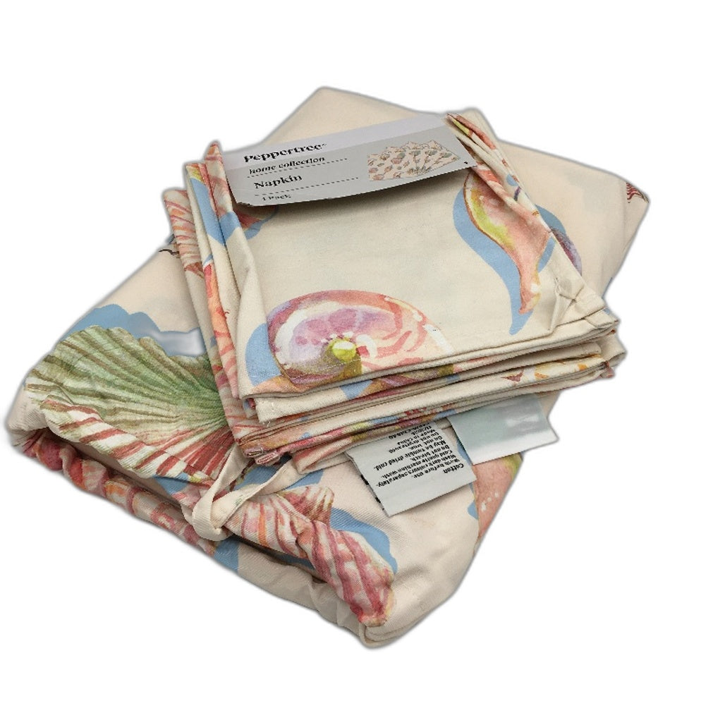 Peppertree Beach Shell Cotton Rectangle Tablecloth 150x 228cm & 4 Napkins NEW