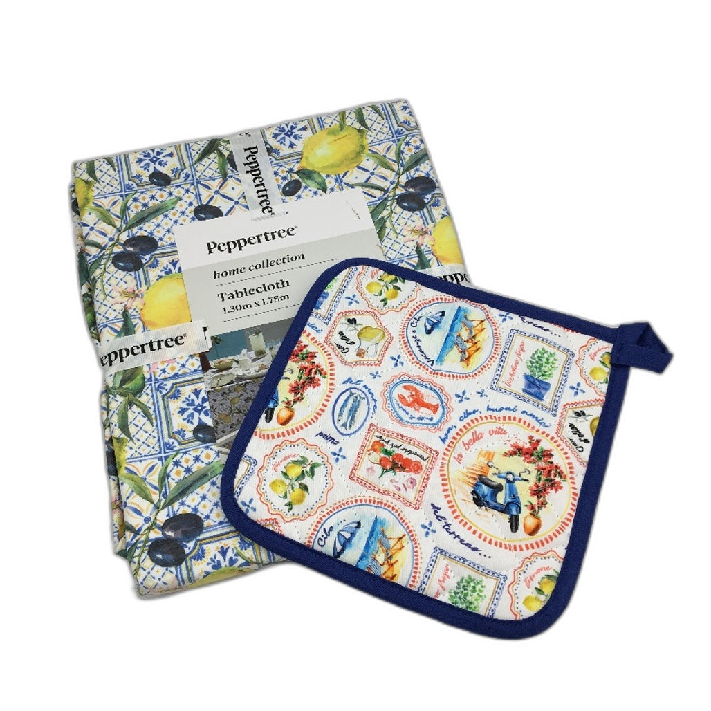 Peppertree Italian Alfresco Print 130x178cm Tablecloth & Pot Holder Pack NEW