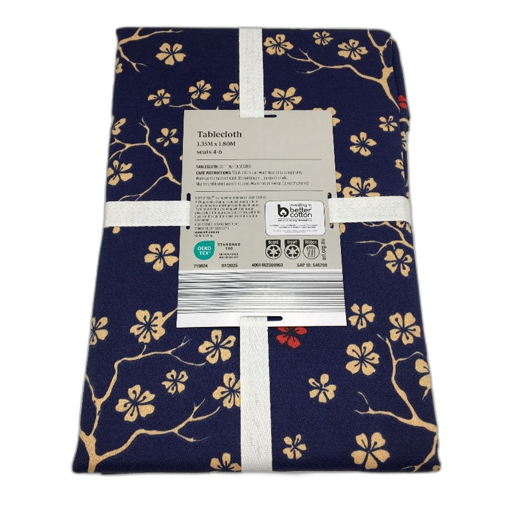 Peppertree Navy Blue Cherry Blossom 4-6Seater Rectangle 1.3mx1.8m Tablecloth NEW