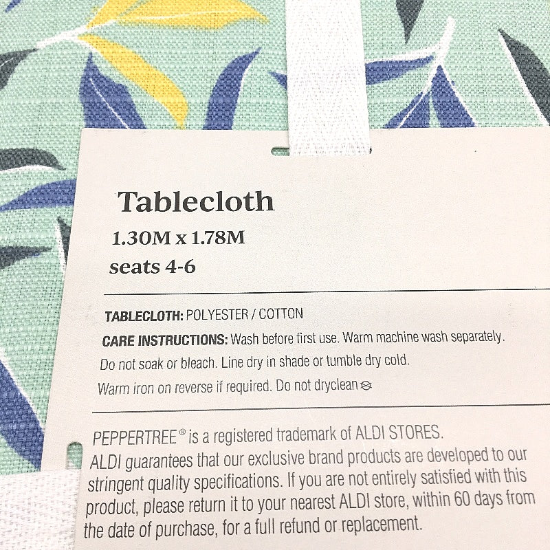 Peppertree Home Collection Aqua Leaf Rectangle Seat 4-6 Tablecloth 1.3x1.78m NEW