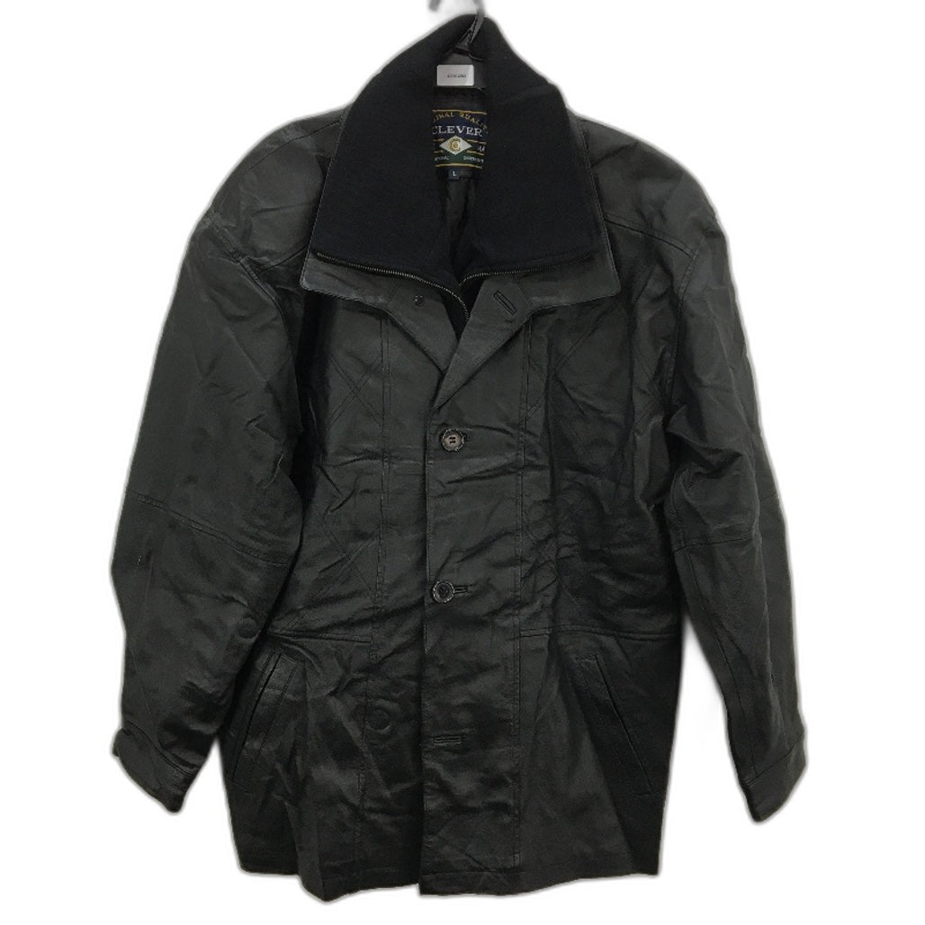 VINTAGE Clever Genuine Leather Fully Lined Zip & Button Outwear Coat Mens Size L