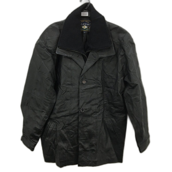 VINTAGE Clever Genuine Leather Fully Lined Zip & Button Outwear Coat Mens Size L
