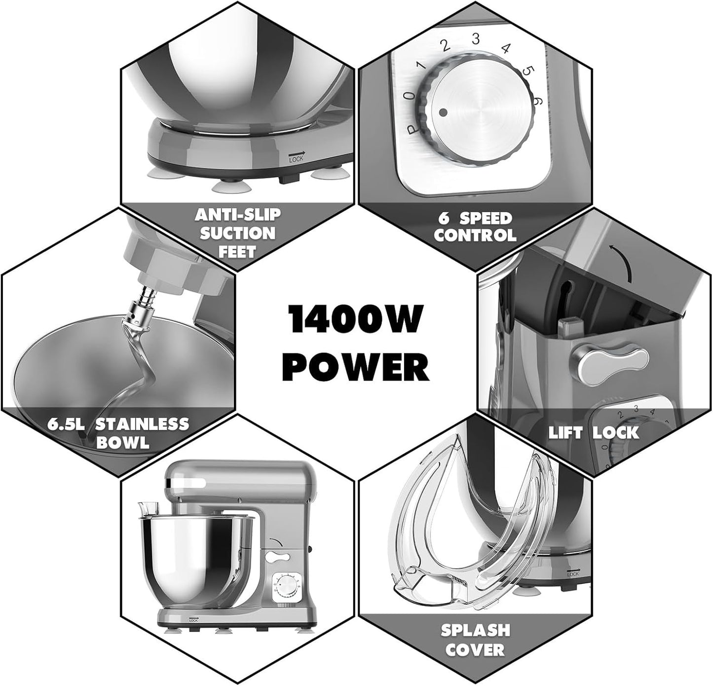 6.5L Grey Electric Stand Mixer with 6-Speed and Dough Hook Online AU