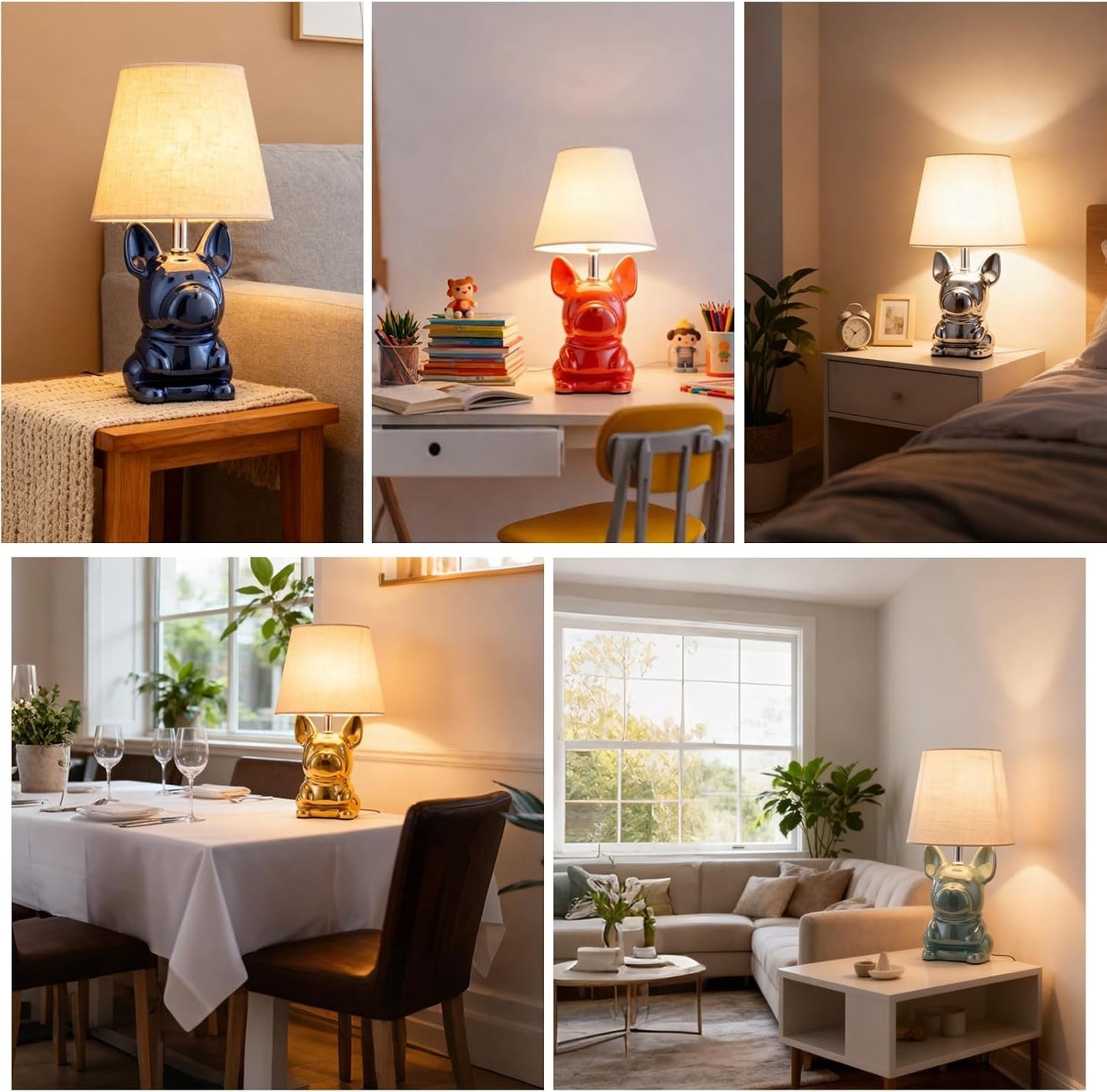 Set of 2 EOEYYOYB Cute Ceramic Puppy Bedside Lamp with Linen Shade for Kids Room