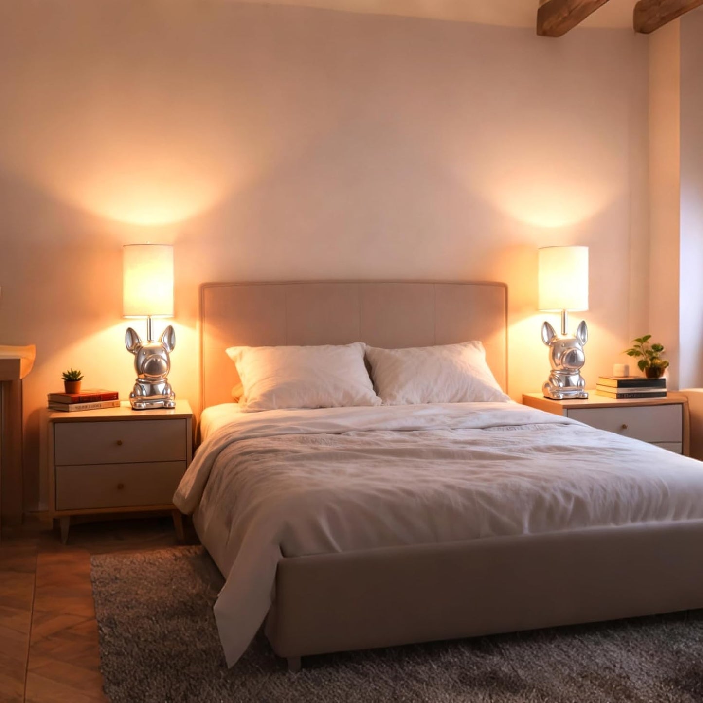 Set of 2 EOEYYOYB Cute Ceramic Puppy Bedside Lamp with Linen Shade for Kids Room