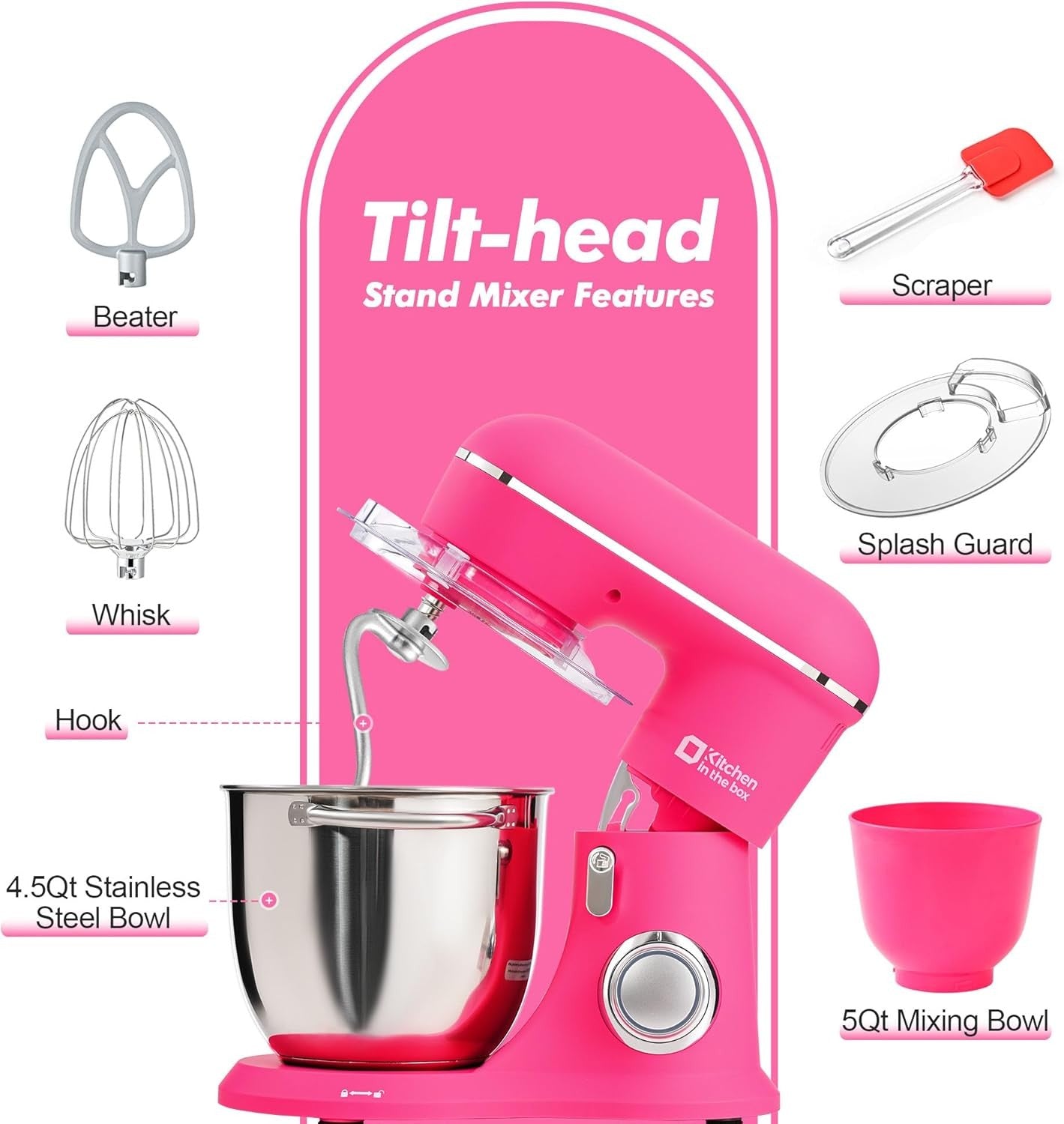 Kitchen in the Box 4.5L & 5L Stand Mixer with 10 Speed Dough Hook Neon Pink AU