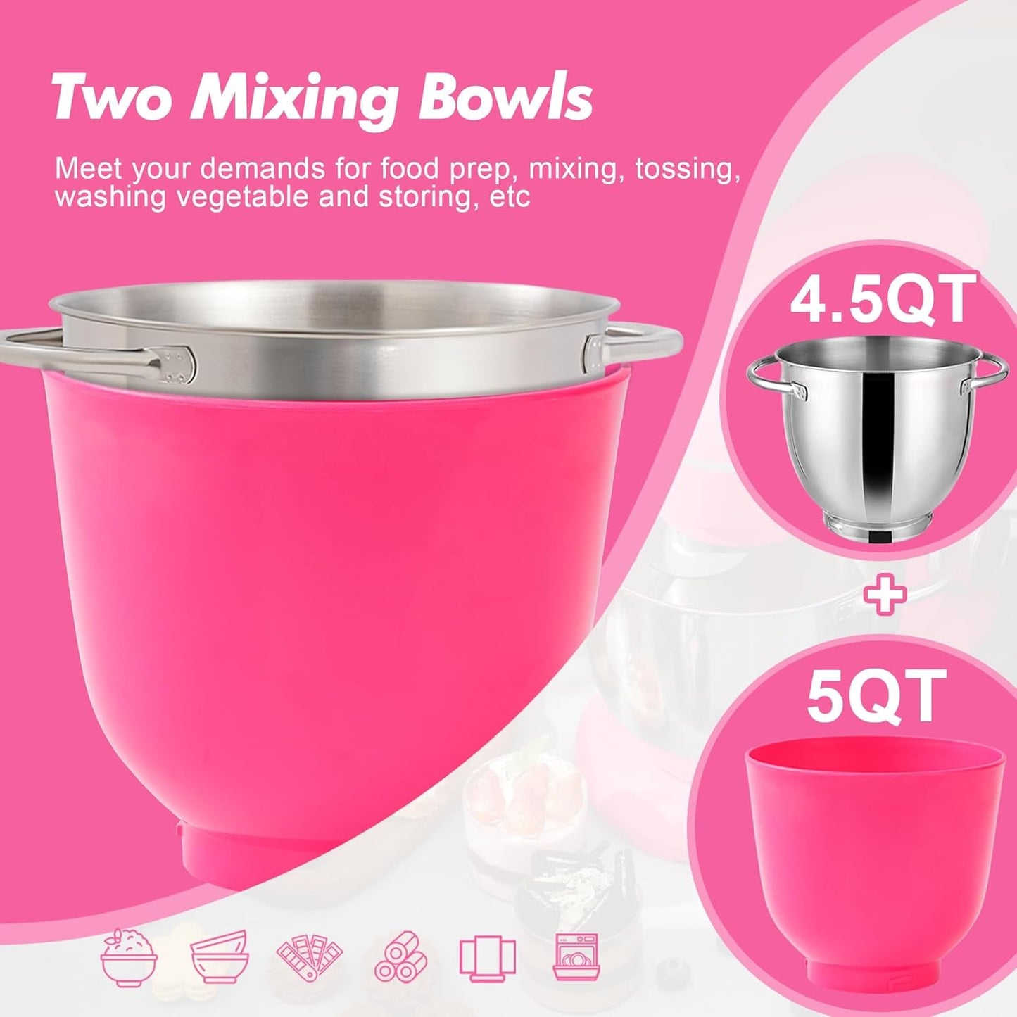 Kitchen in the Box 4.5L & 5L Stand Mixer with 10 Speed Dough Hook Neon Pink AU