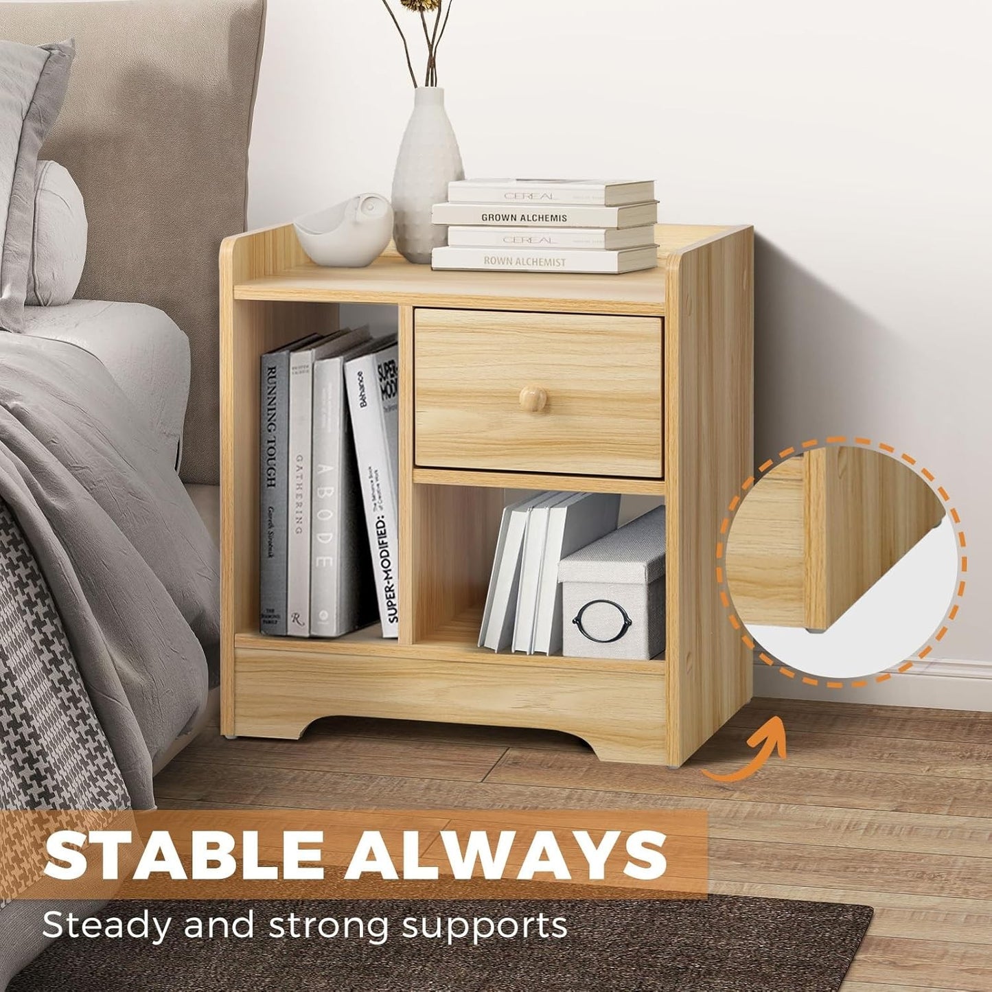 OIKITURE Bedside Table with Drawer and Storage Space for Bedroom Australia DEMO