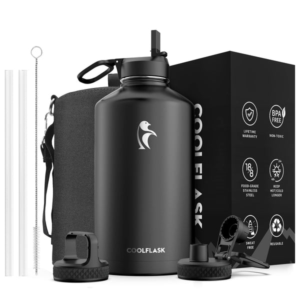 Coolflask 4L Insulated Water Bottle with Straw & 3 Lids Magic Black Australia