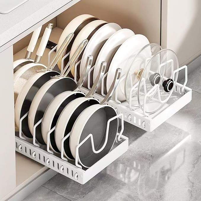 2 Pack 8 Divider Pull Out Pots and Pans Organiser for Cabinet in White NEW