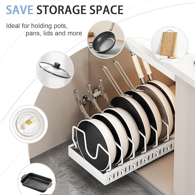 2 Pack 8 Divider Pull Out Pots and Pans Organiser for Cabinet in White NEW