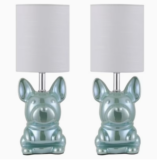 EOEYYOYB Set of 2 Glazed Ceramic Bulldog Linen Shade Table Lamp in Blue NEW