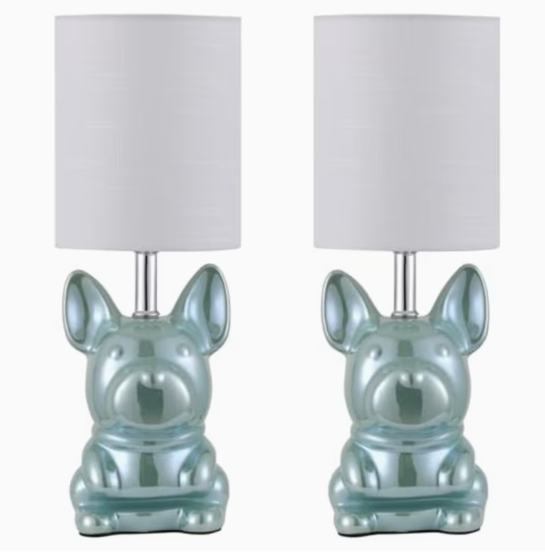 EOEYYOYB Set of 2 Glazed Ceramic Bulldog Linen Shade Table Lamp in Blue NEW